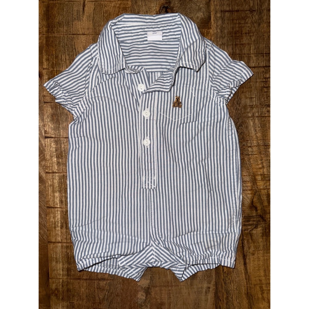 Baby Gap Blue White Striped Seersucker Bear Romper 0-3 Months Cotton